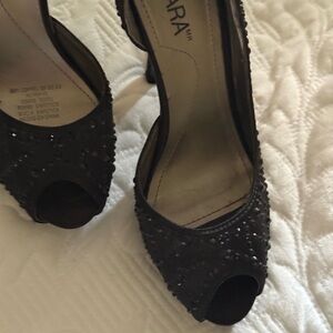 Zara Black Beaded Peep-Toe Heels